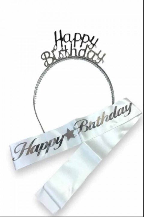 Gümüş  Mika Taç Happy Birthday Kuşak Set 2’li