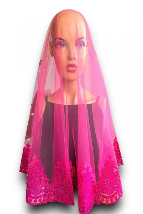 Hesaplı Fuşya Baskılı Simli Duvak