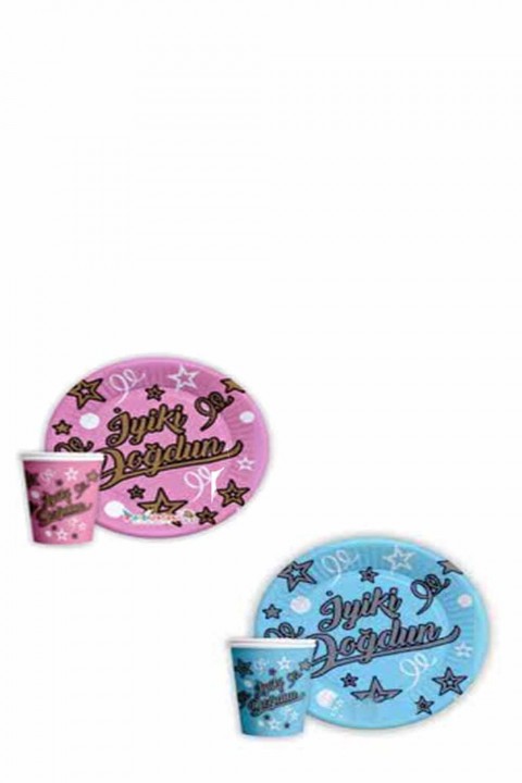 İyiki Doğdun Yazılı Mavi-pembe Tabak Bardak 8’li