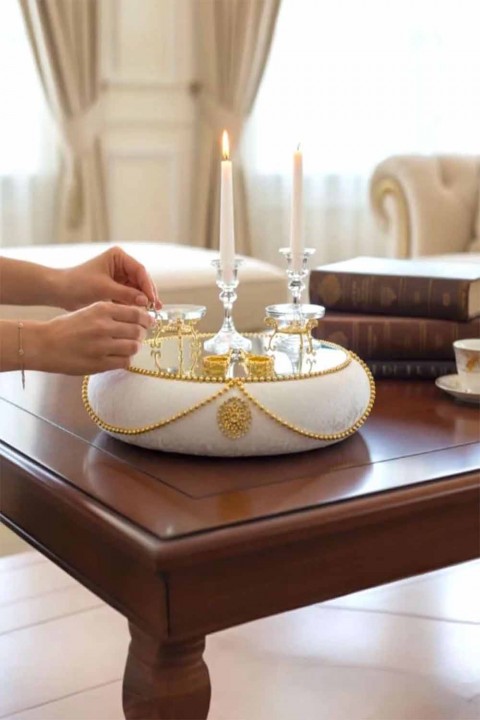 Krem Kadife Gold Boncuk Nişan Tepsisi