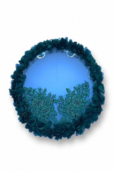 Yeşil Kumaş Güllü 30 Cm Şeffaf Aplik Süslemeli Tef