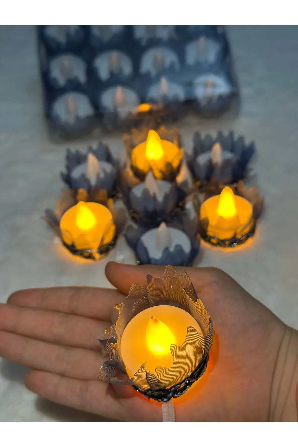 10’lu Paket Alım Ledli El Gülü Lacivert Fırfırlı 12’li