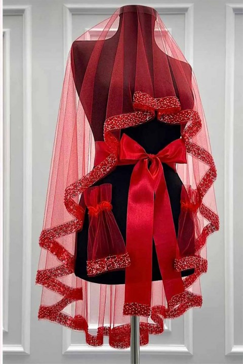 Kırmızı Kemer Taşlı Duvak Takım