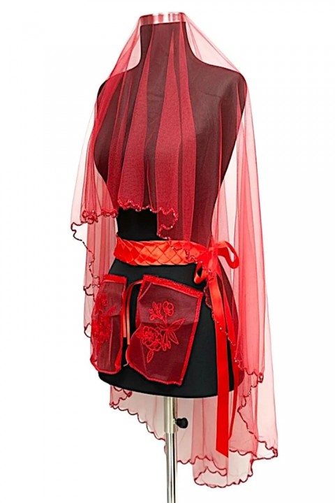 Kırmızı Kristal Taşlı Duvak Yüz Örtüsü 3’lü Takım