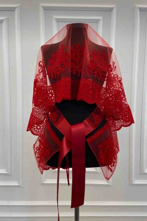 Kırmızı Oya Model Duvak Yüz Örtüsü Simli Takım