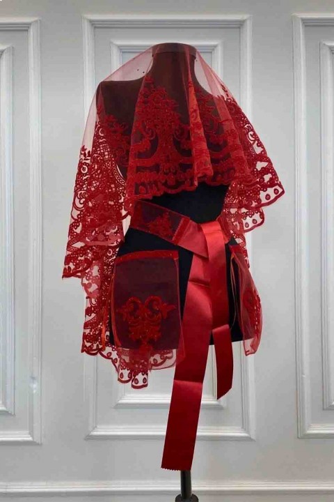 Kırmızı Taç Model Duvak Yüz Örtüsü Simli Takım