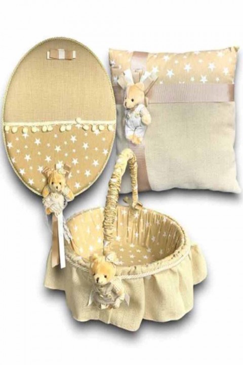 Krem Ayıcıklı Bebek Seti 3’lü Takım Yastık Kapı Süsü Sepet