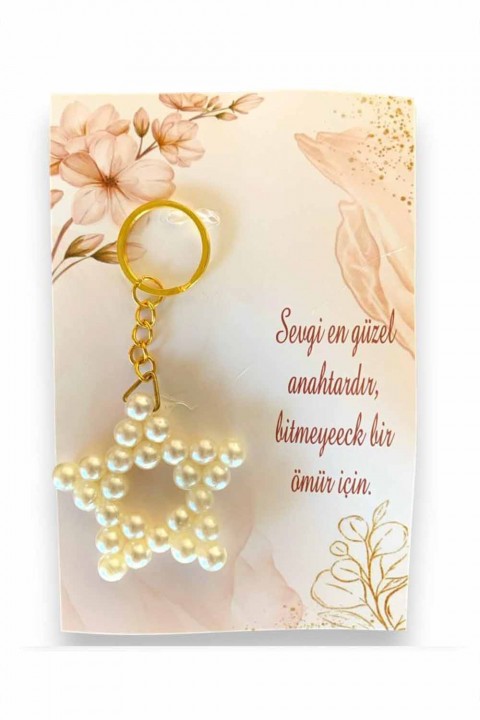 Krem Çiçekli İncili Yıldız Anahtarlık