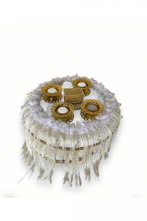 Kubbeli Saçaklı Aynalı Beyaz Lüks Sepet Takımı