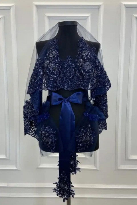 Lacivert Ağır Boncuk İşlemeli Duvak Takım