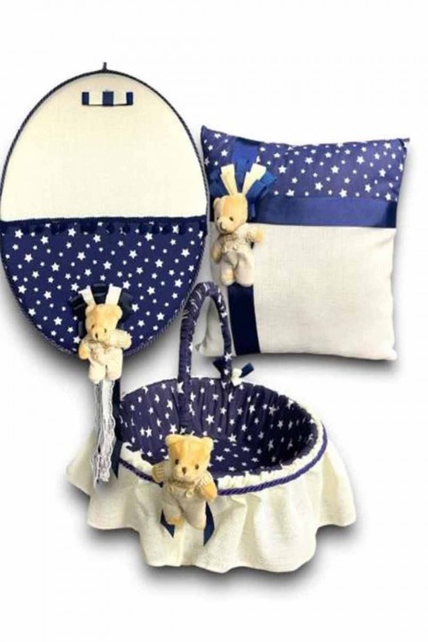 Lacivert Ayıcıklı Bebek Seti 3’lü Takım Yastık Kapı Süsü Sepet