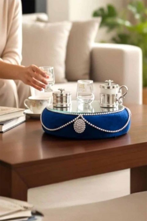 Lacivert Kadife Gümüş Boncuk Nişan Tepsisi