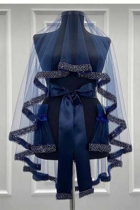 Lacivert Kemer Taşlı Duvak Takım