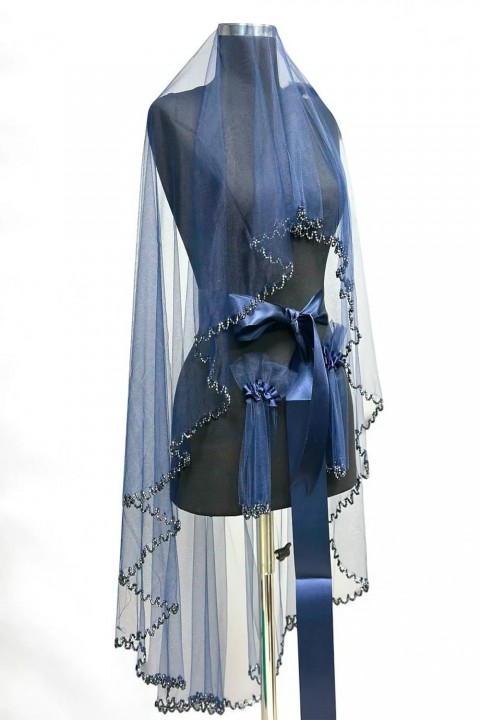 Lacivert Kristal Taşlı Duvak Yüz Örtüsü 3’lü Takım