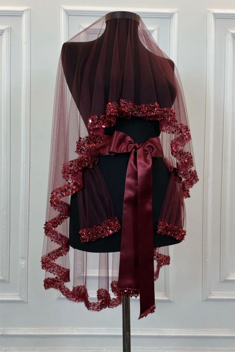 Lüks Yaprak Model Kutulu Duvak Yüz Örtüsü Bordo 3’lü Set