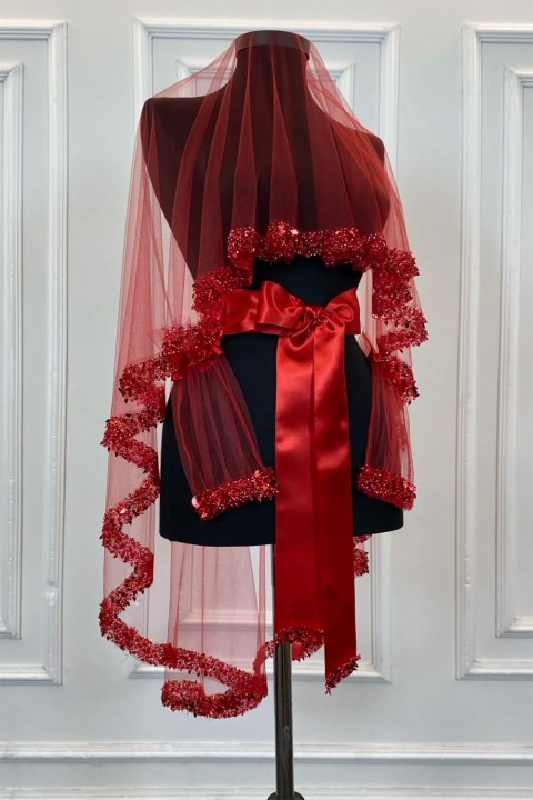 Lüks Yaprak Model  Kutulu Duvak Yüz Örtüsü Kırmızı 3’lü Set