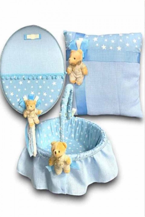 Mavi Ayıcıklı Bebek Seti 3’lü Takım Yastık Kapı Süsü Sepet