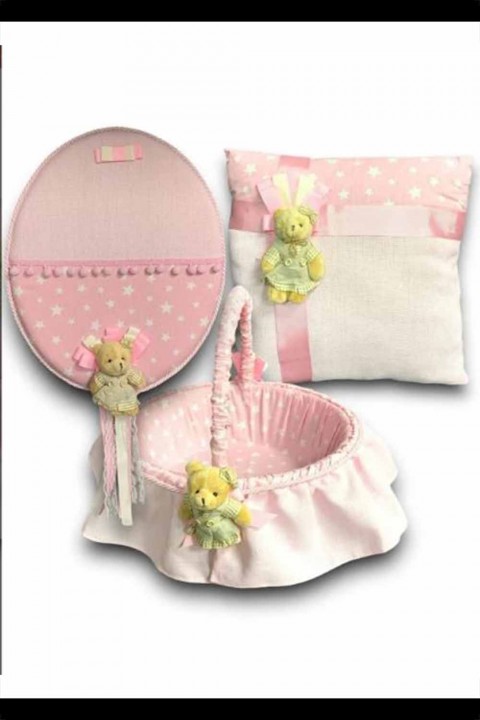 Pembe Ayıcıklı Bebek Seti 3’lü Takım Yastık Kapı Süsü Sepet