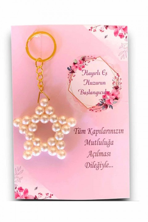 Pembe Çiçekli İncili Yıldız Anahtarlık