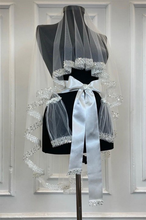 Pul Payetli Boncuklu Model Duvak 3’lü Set Beyaz