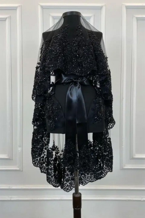 Siyah Ağır Boncuk İşlemeli Duvak Takım