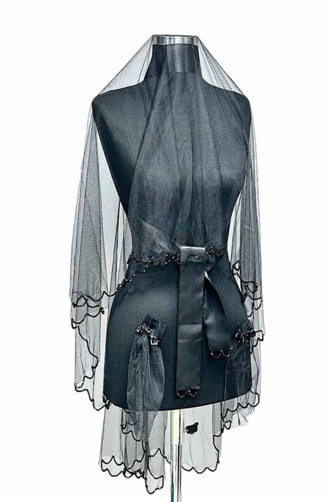 Siyah Kristal Taşlı Duvak Yüz Örtüsü 3’lü Takım