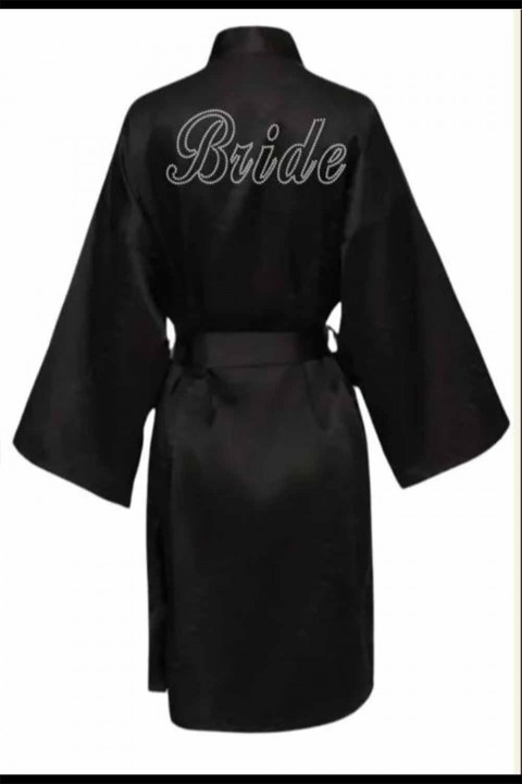 Siyah Renk Gümüş Yazı Brıde Baskılı Sabahlık