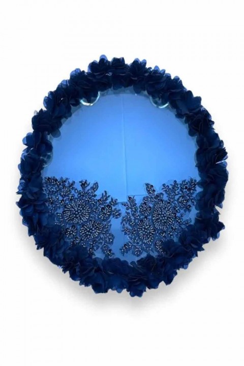 Lacivert Kumaş Güllü 30 Cm Şeffaf Aplik Süslemeli Tef