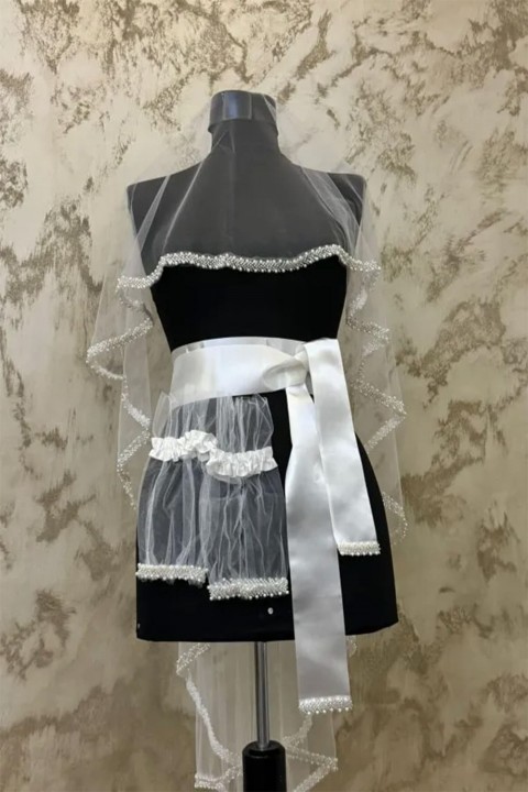 Tek Sıra İnci Beyaz Duvak 3’lü Takım