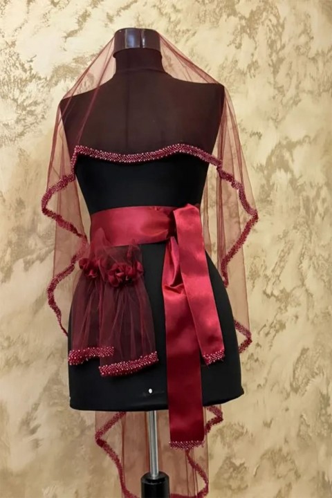 Tek Sıra İnci Bordo Duvak 3’lü Takım