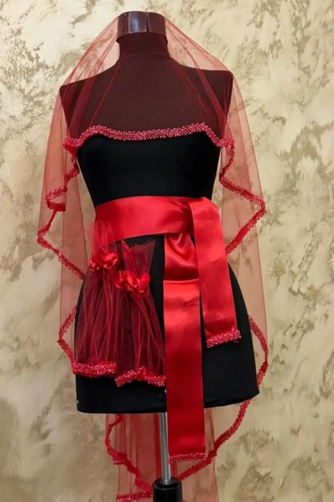 Tek Sıra İnci Kırmızı Duvak 3’lü Takım