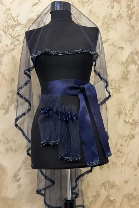 Tek Sıra İnci Lacivert Duvak 3’lü Takım