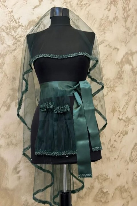 Tek Sıra İnci Yeşil Duvak 3’lü Takım