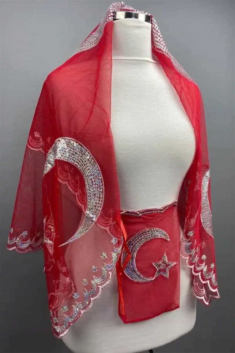 Tekli Alım Kırmızı Pullu Ayyıldız Kına Örtüsü Duvak Set