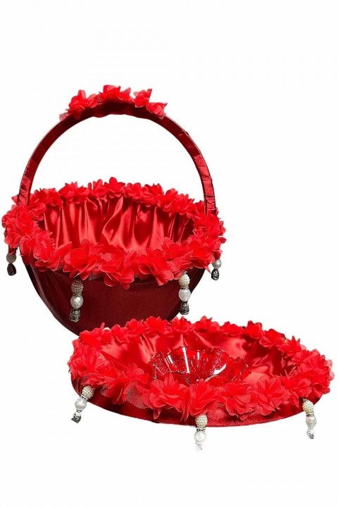 Kırmızı Kumaş Güllü Sepet Tepsi Takımı