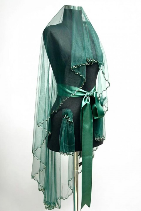 Yeşil Kristal Taşlı Duvak Yüz Örtüsü 3’lü Takım