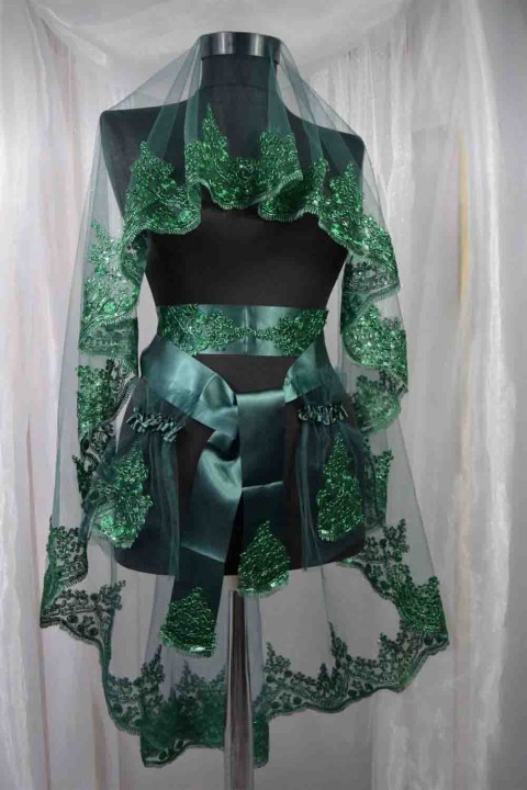 Yeşil Tel Kırma Güpürlü 3’lü Takım Duvak
