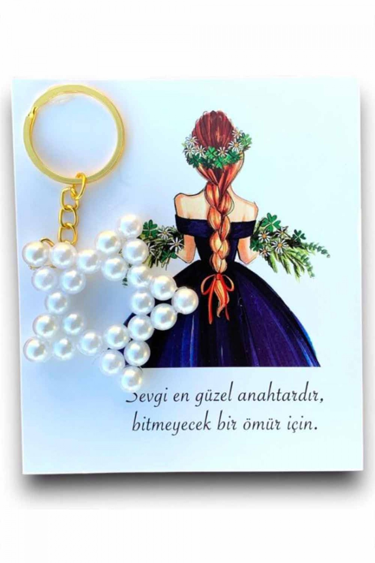 Saç Örgülü Kız Figürü İncili Yıldız Anahtarlık