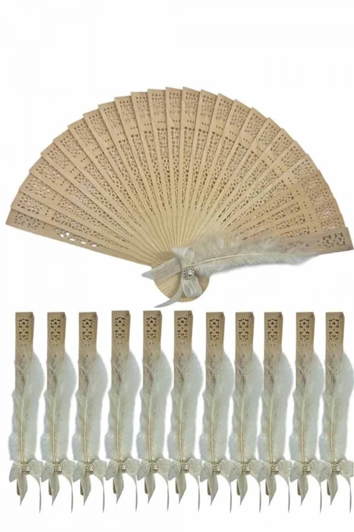 Süslü Tüylü Ahşap Yelpaze 12’li 5 Renk