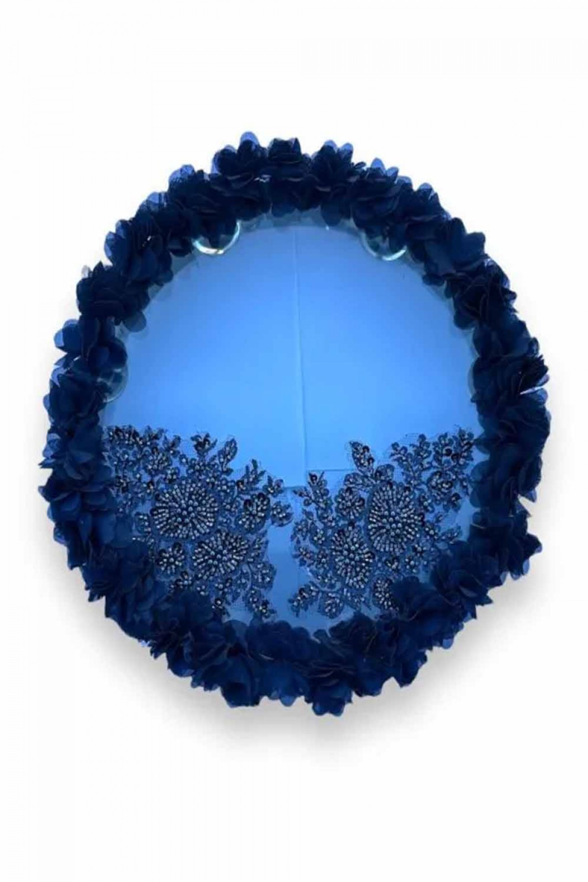Lacivert Kumaş Güllü 30 Cm Şeffaf Aplik Süslemeli Tef