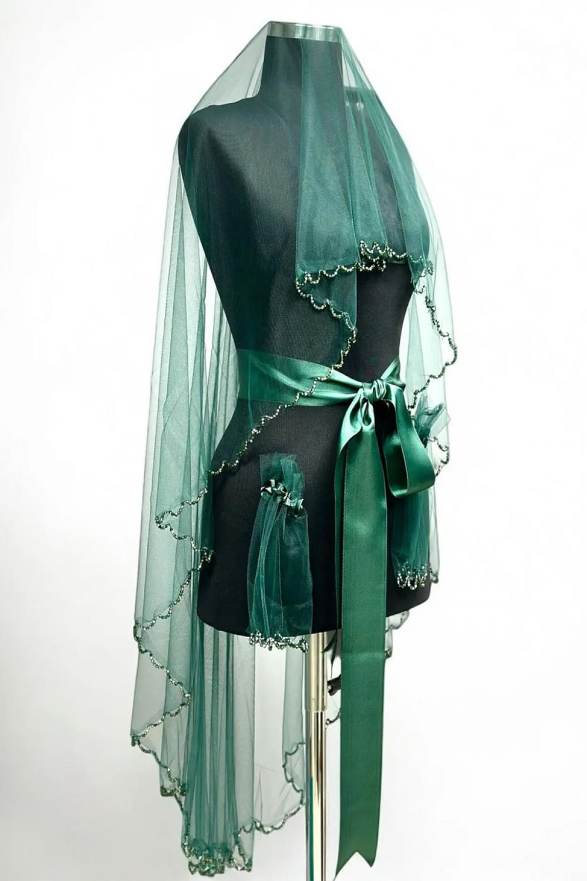 Yeşil Kristal Taşlı Duvak Yüz Örtüsü 3’lü Takım